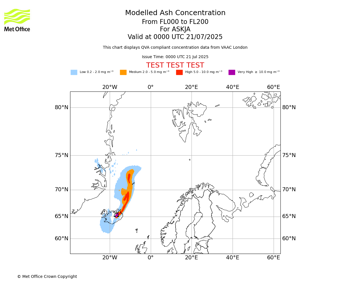 Modelled ash concentration from 000 to 200 for ASKJA. Valid at 0000 UTC 21/07/2025