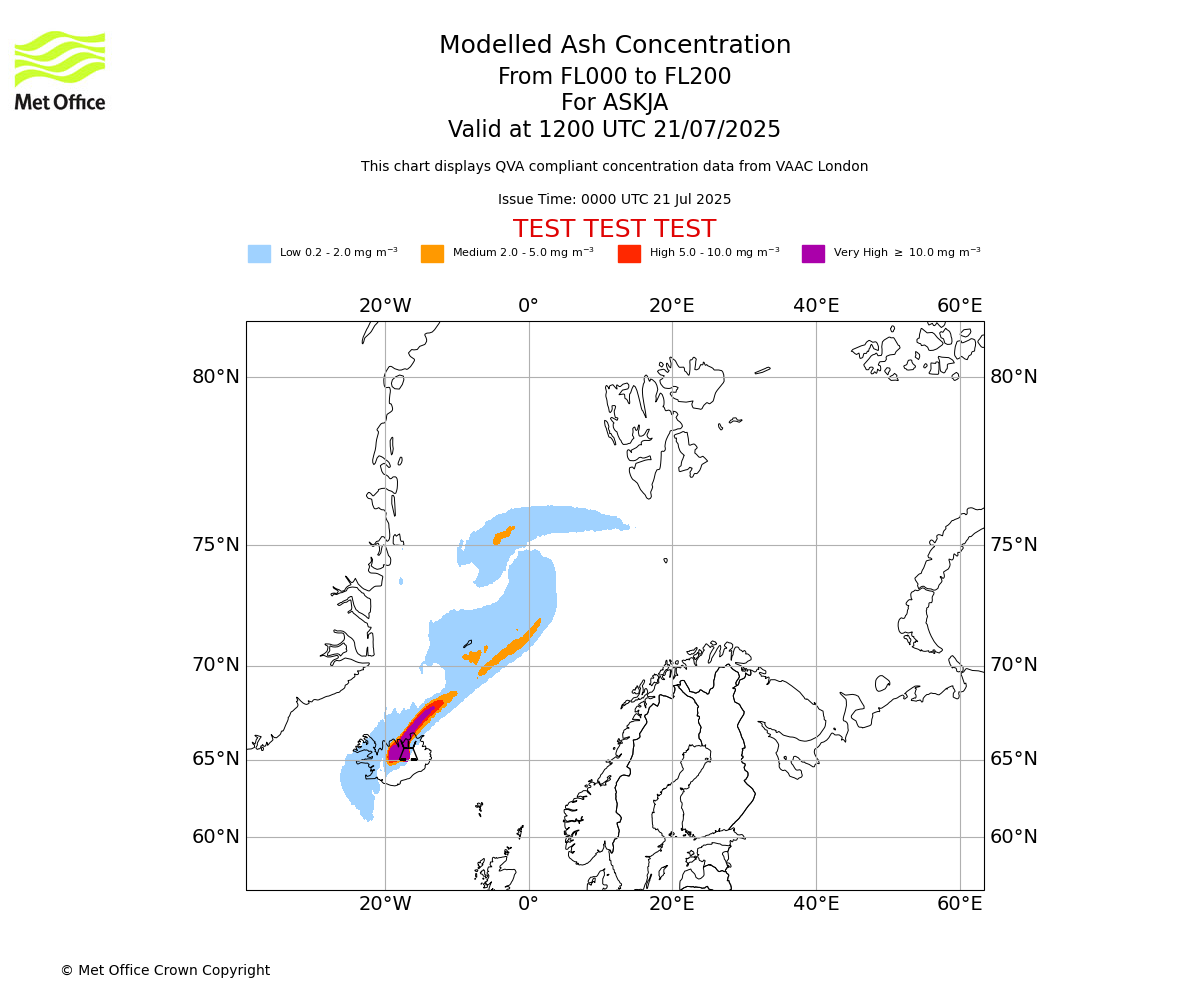 Modelled ash concentration from 000 to 200 for ASKJA. Valid at 1200 UTC 21/07/2025