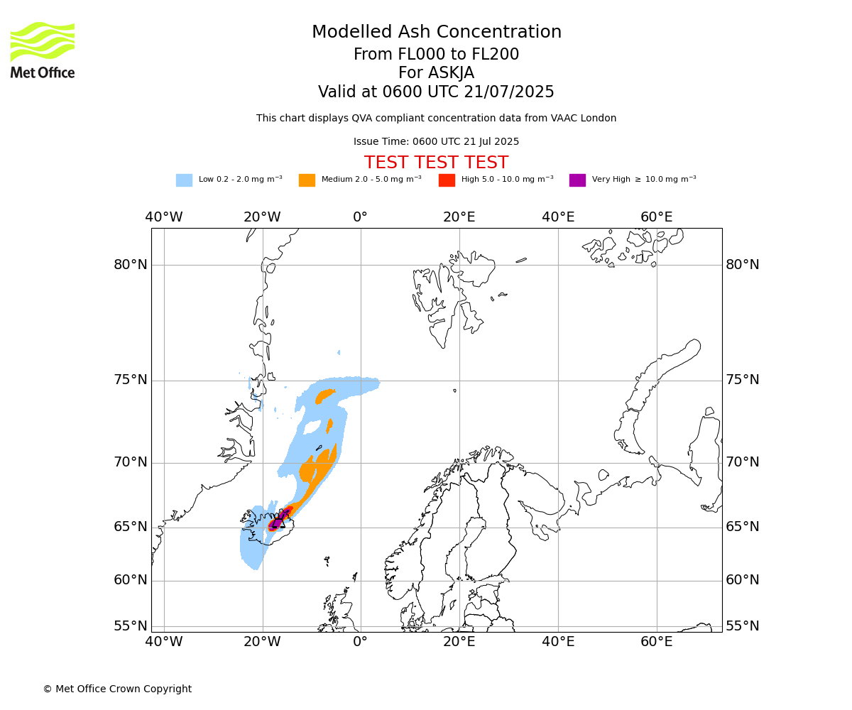 Modelled ash concentration from 000 to 200 for ASKJA. Valid at 0600 UTC 21/07/2025