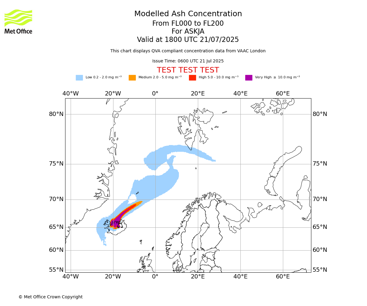 Modelled ash concentration from 000 to 200 for ASKJA. Valid at 1800 UTC 21/07/2025