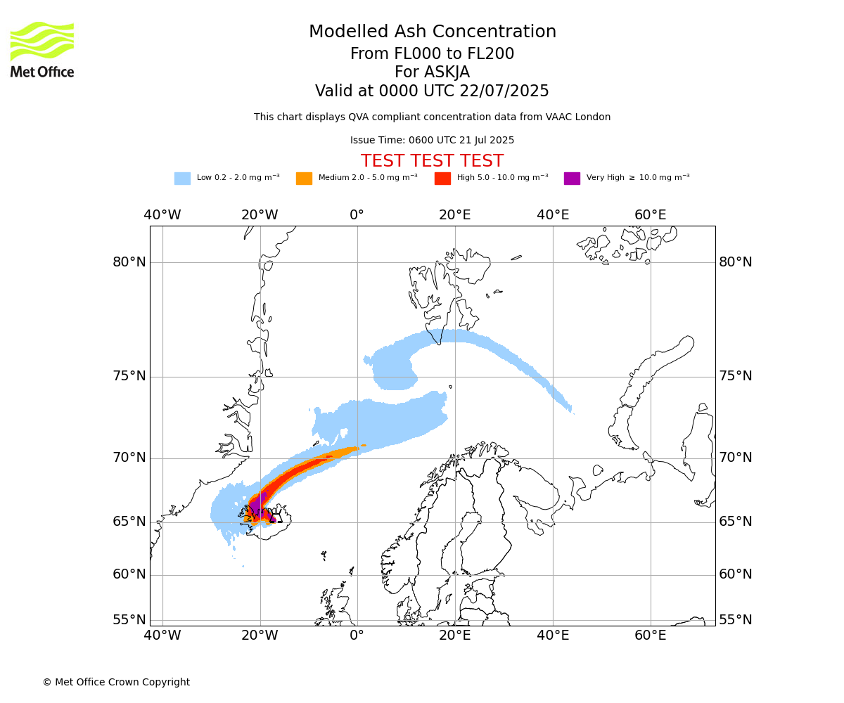 Modelled ash concentration from 000 to 200 for ASKJA. Valid at 0000 UTC 22/07/2025