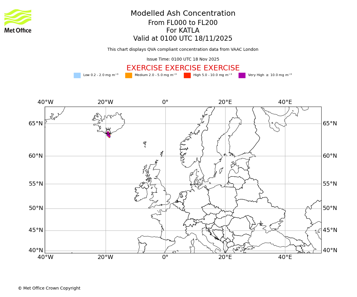 Modelled ash concentration from 000 to 200 for KATLA. Valid at 0100 UTC 18/11/2025