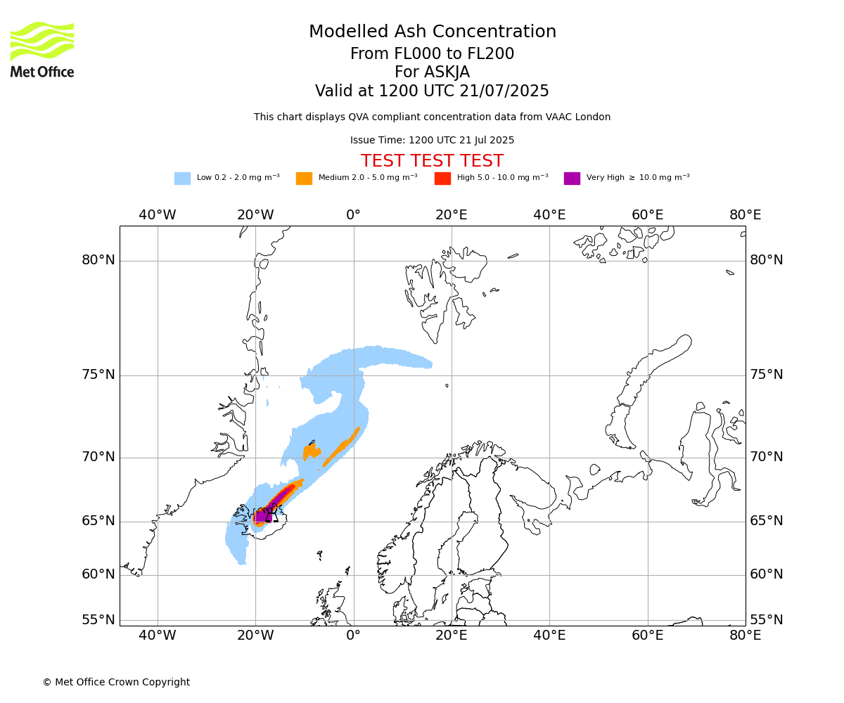 Modelled ash concentration from 000 to 200 for ASKJA. Valid at 1200 UTC 21/07/2025