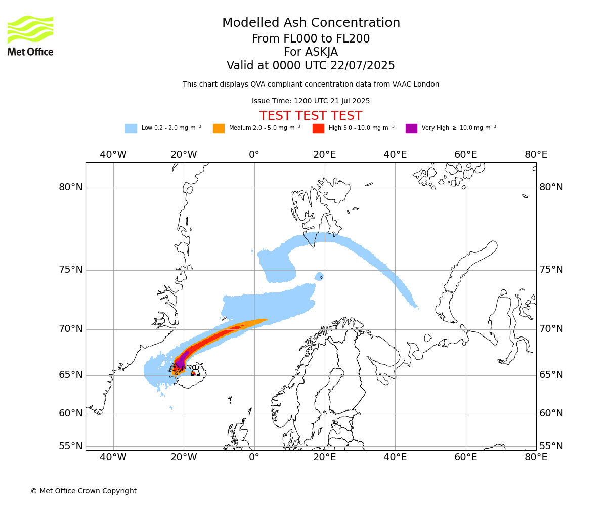 Modelled ash concentration from 000 to 200 for ASKJA. Valid at 0000 UTC 22/07/2025