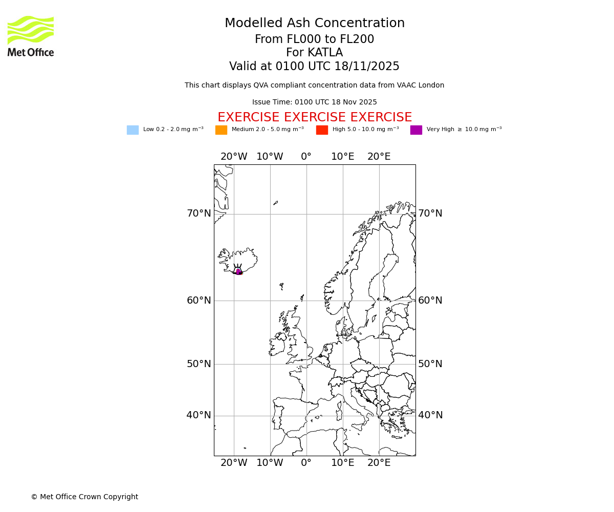 Modelled ash concentration from 000 to 200 for KATLA. Valid at 0100 UTC 18/11/2025