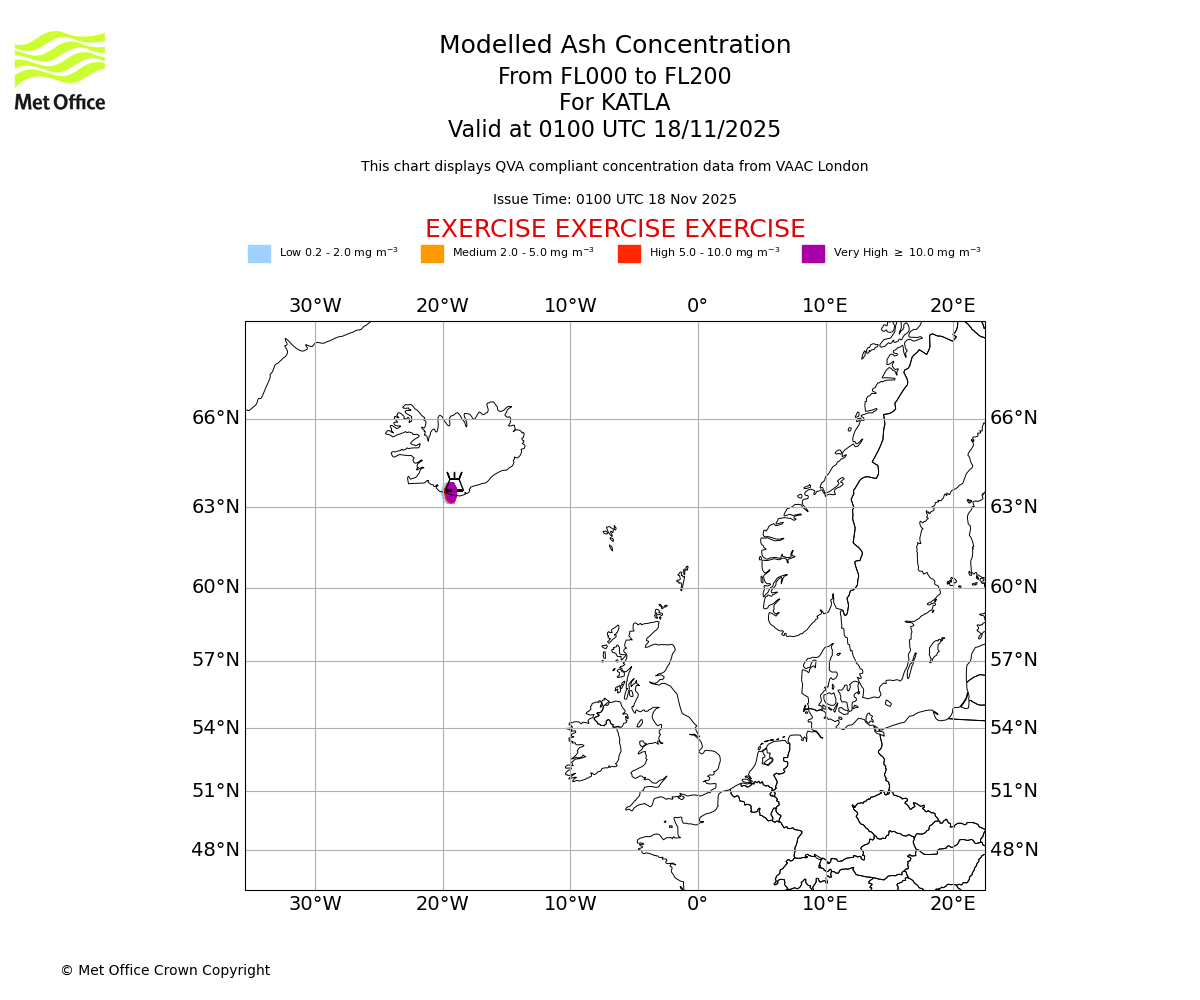 Modelled ash concentration from 000 to 200 for KATLA. Valid at 0100 UTC 18/11/2025