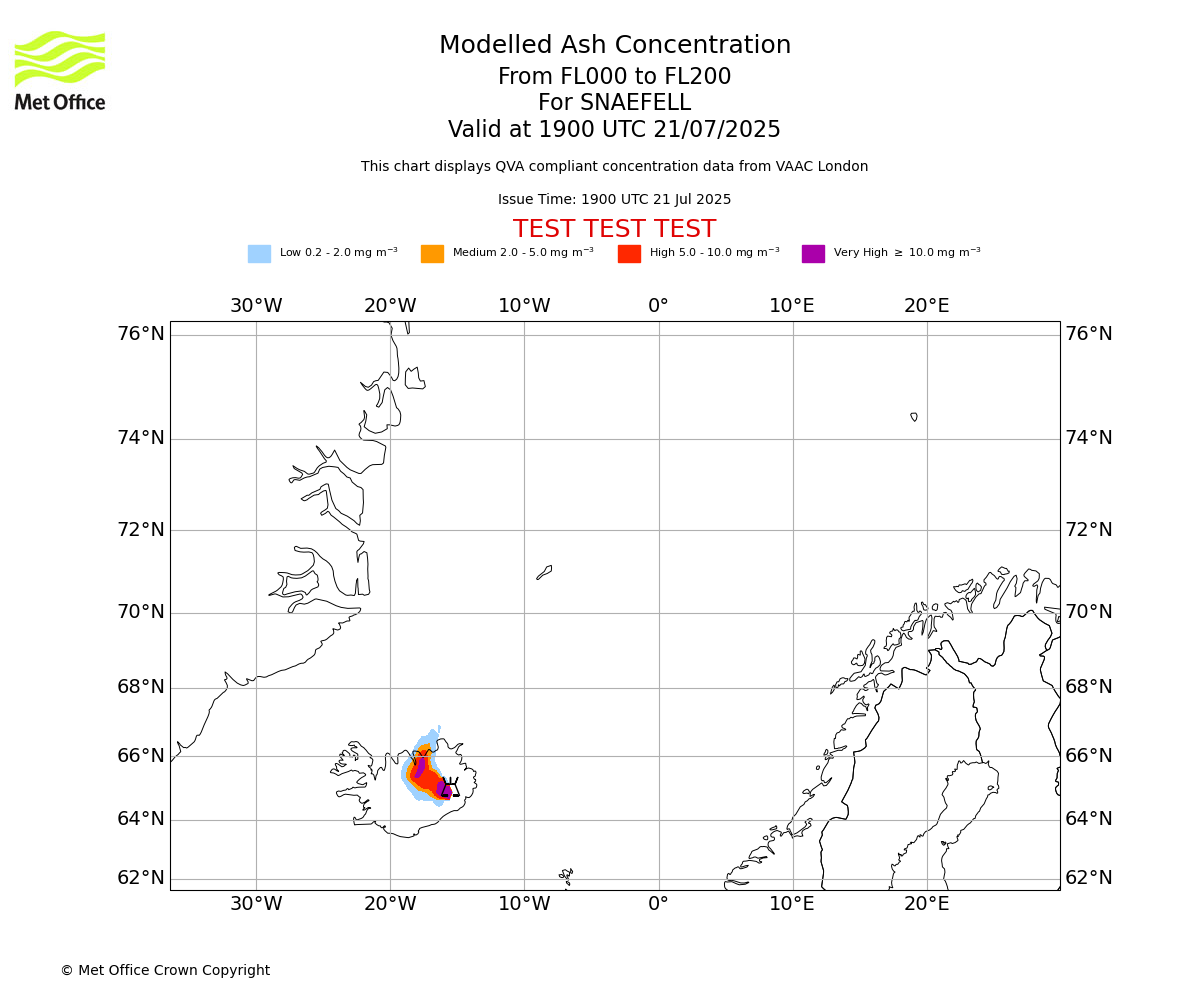 Modelled ash concentration from 000 to 200 for SNAEFELL. Valid at 1900 UTC 21/07/2025