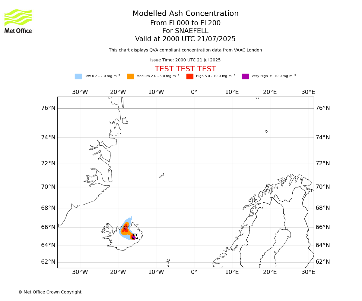 Modelled ash concentration from 000 to 200 for SNAEFELL. Valid at 2000 UTC 21/07/2025