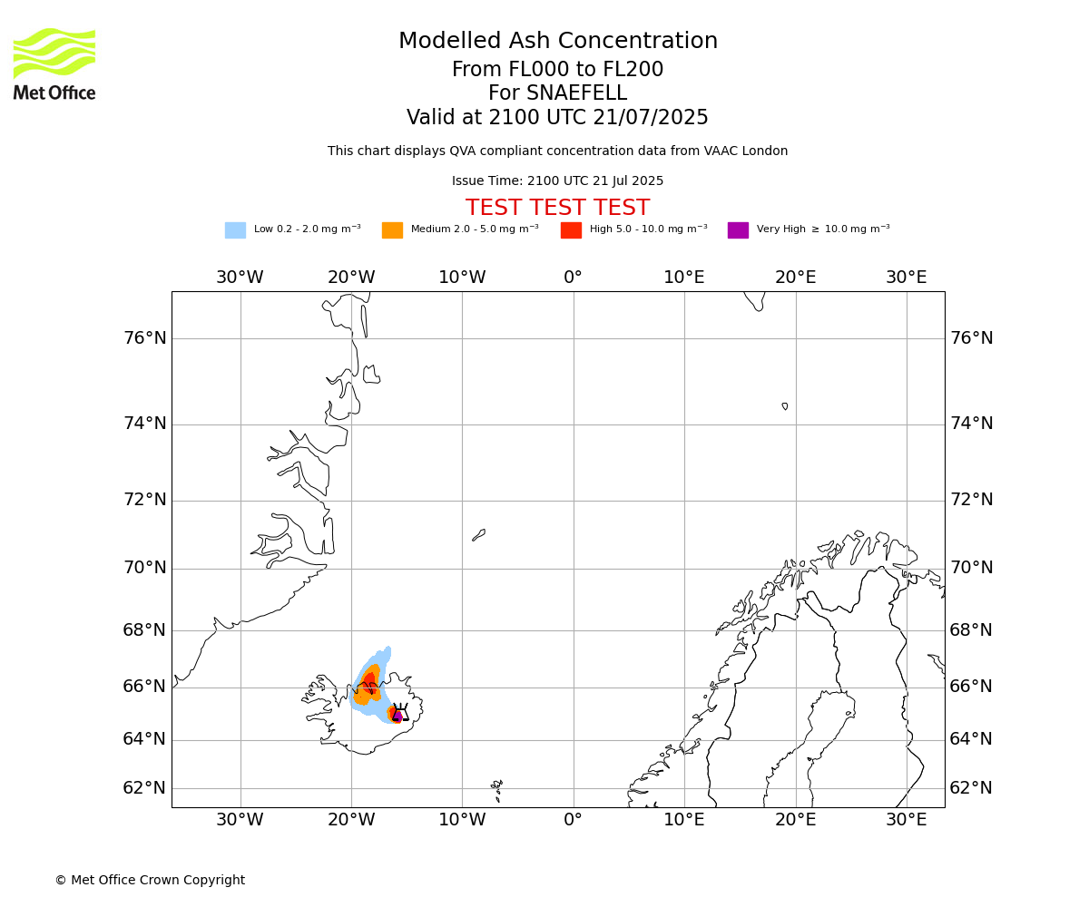 Modelled ash concentration from 000 to 200 for SNAEFELL. Valid at 2100 UTC 21/07/2025