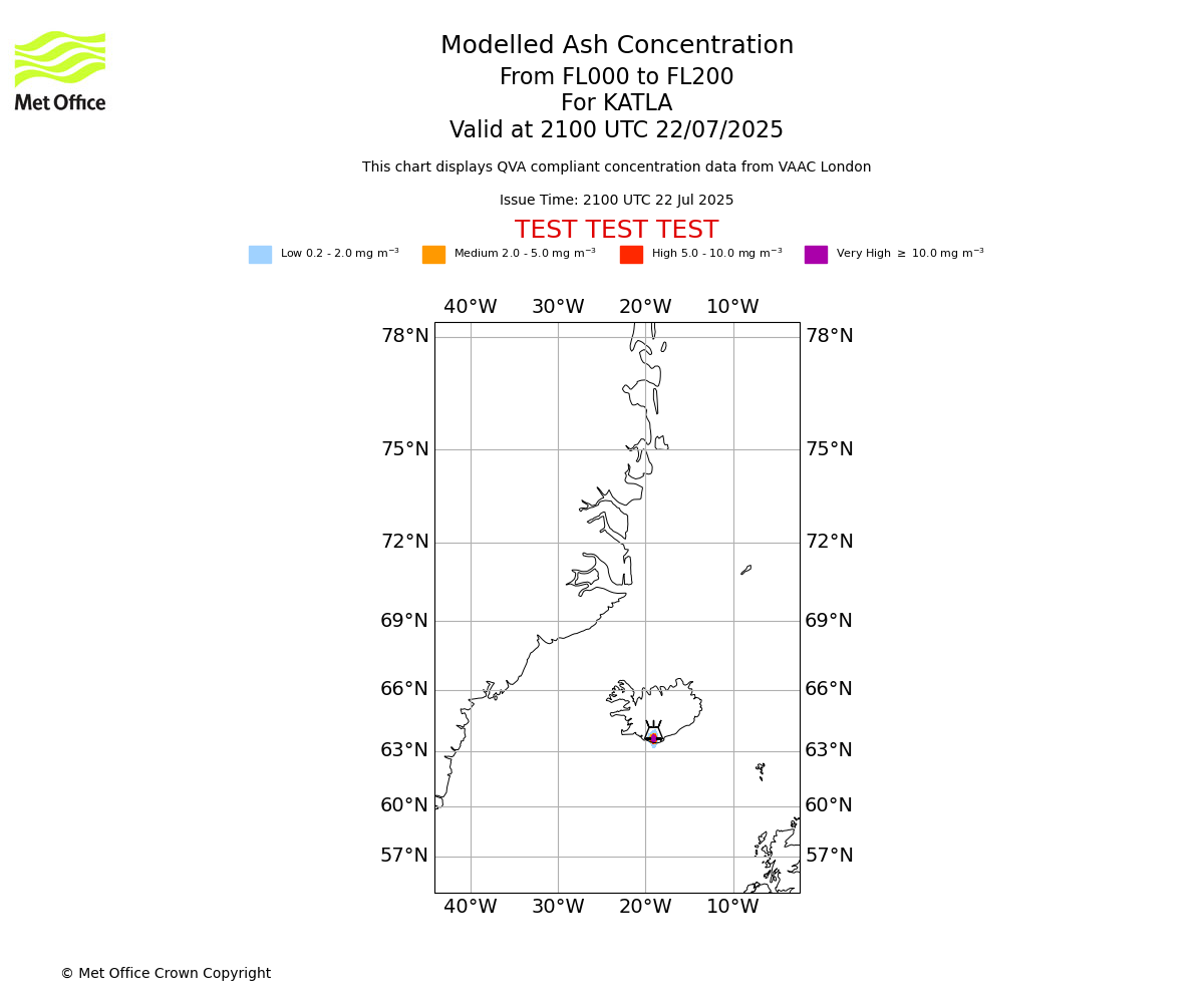 Modelled ash concentration from 000 to 200 for KATLA. Valid at 2100 UTC 22/07/2025