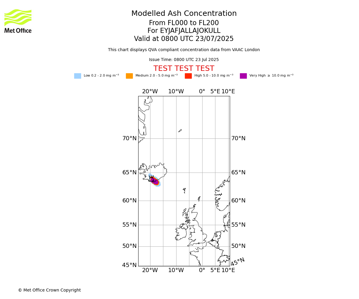 Modelled ash concentration from 000 to 200 for EYJAFJALLAJOKULL. Valid at 0800 UTC 23/07/2025