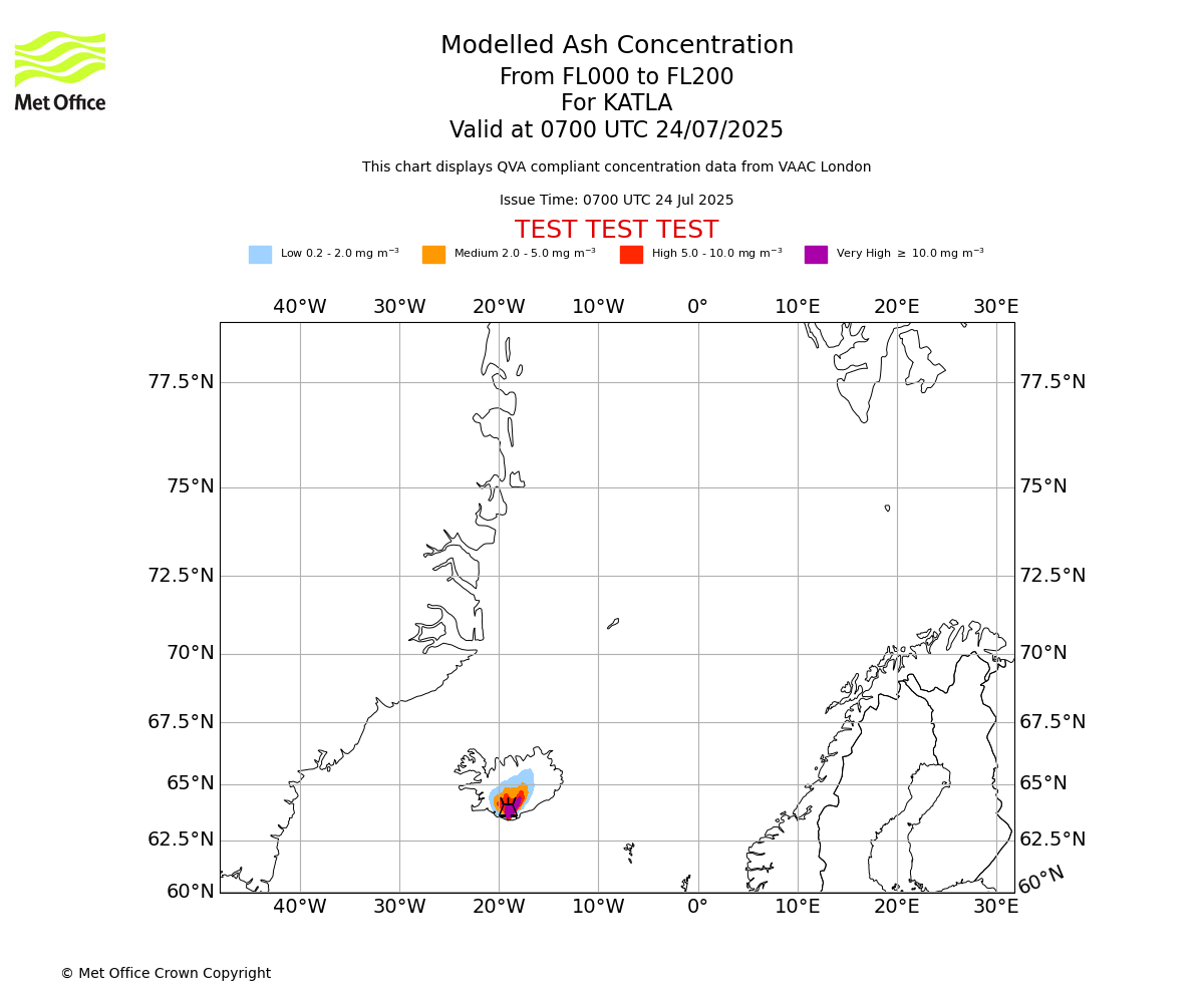 Modelled ash concentration from 000 to 200 for KATLA. Valid at 0700 UTC 24/07/2025