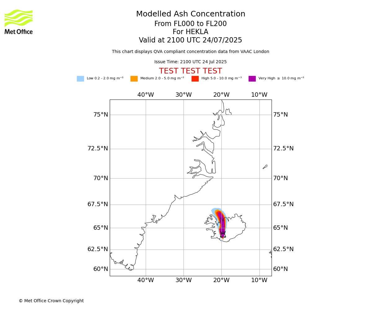 Modelled ash concentration from 000 to 200 for HEKLA. Valid at 2100 UTC 24/07/2025