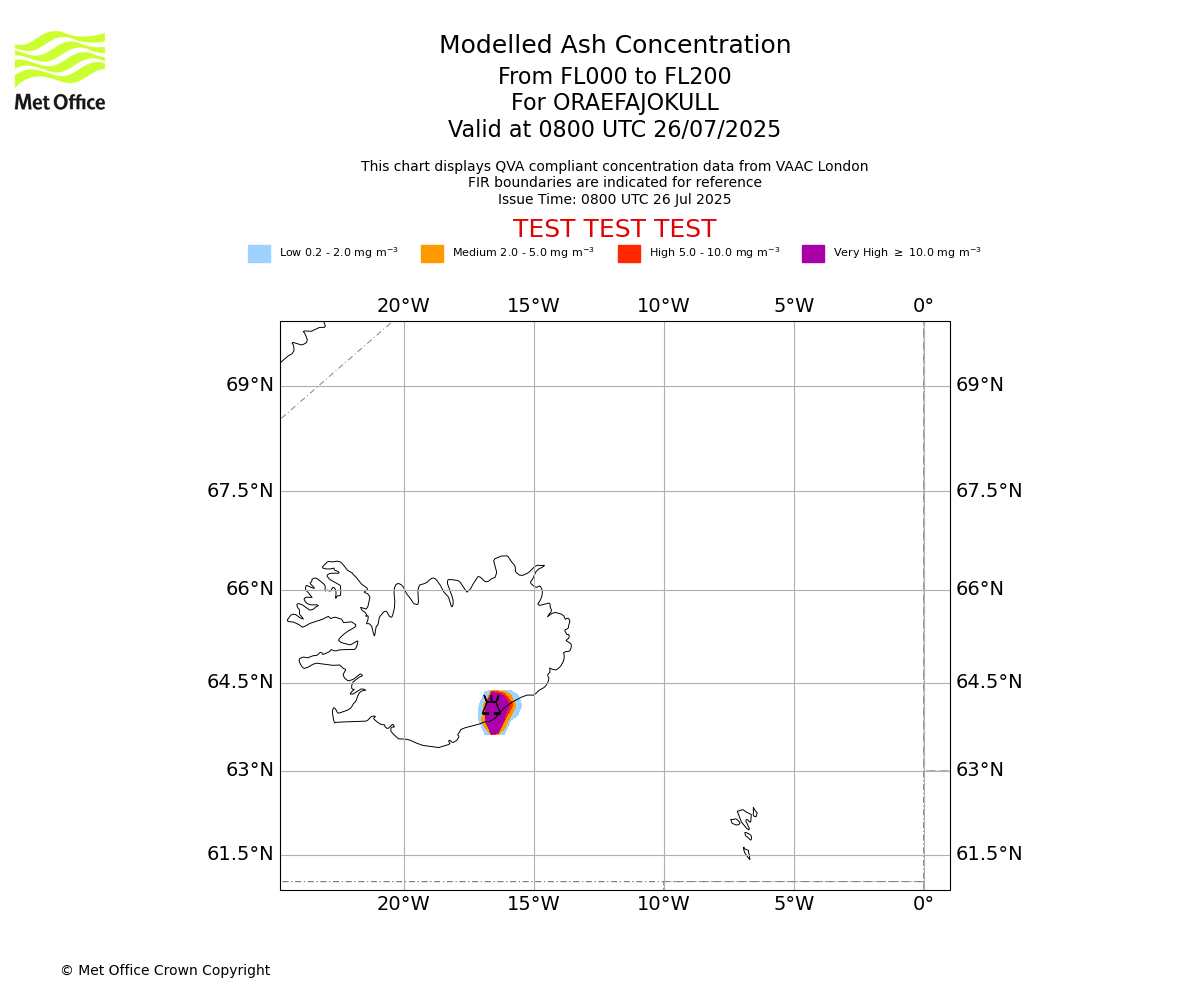 Modelled ash concentration from 000 to 200 for ORAEFAJOKULL. Valid at 0800 UTC 26/07/2025