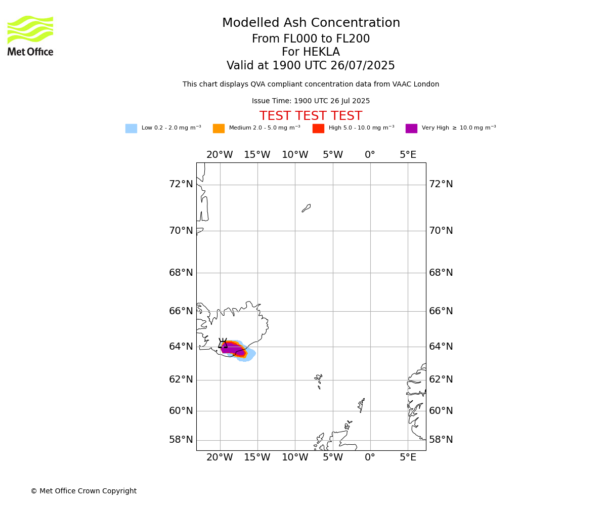 Modelled ash concentration from 000 to 200 for HEKLA. Valid at 1900 UTC 26/07/2025