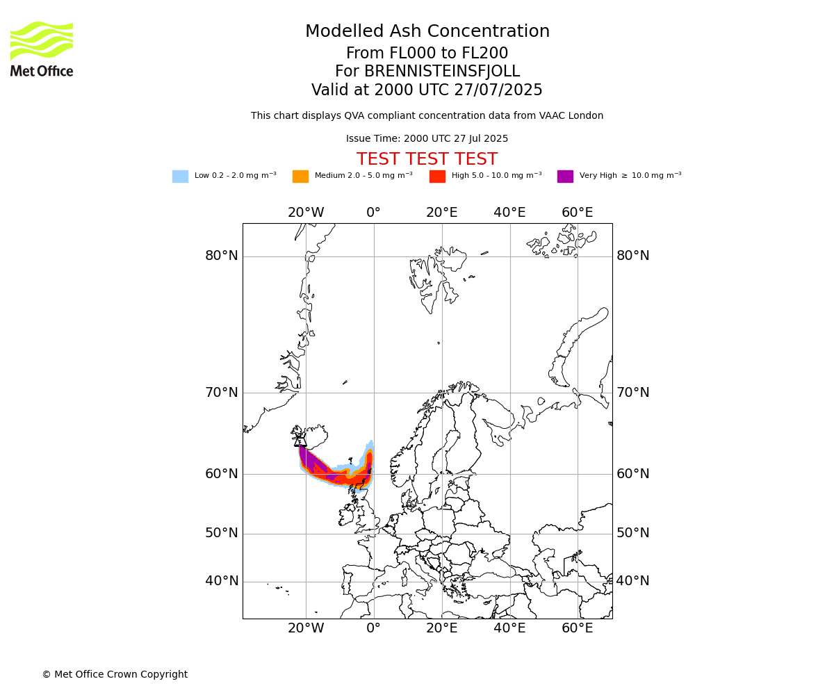 Modelled ash concentration from 000 to 200 for BRENNISTEINSFJOLL. Valid at 2000 UTC 27/07/2025