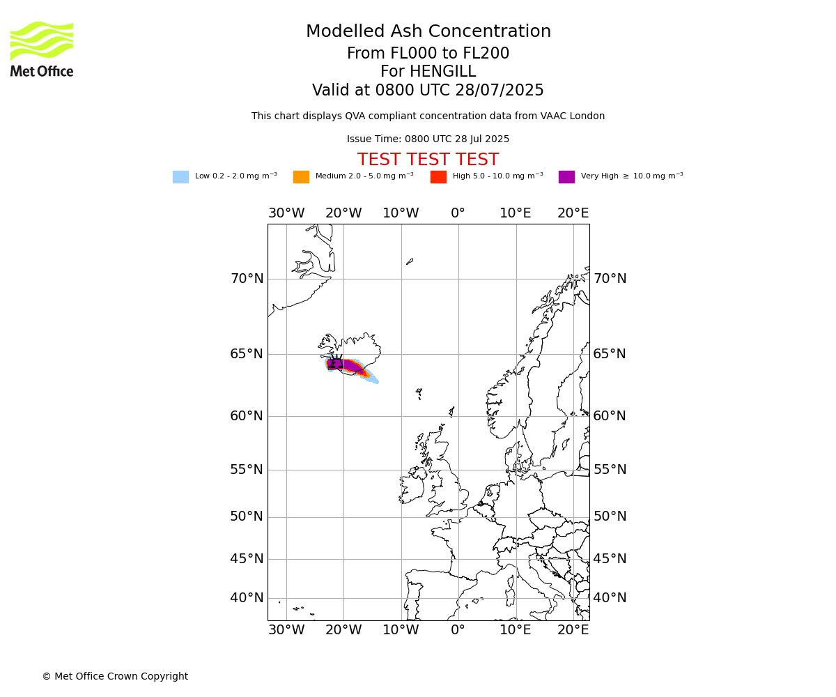 Modelled ash concentration from 000 to 200 for HENGILL. Valid at 0800 UTC 28/07/2025