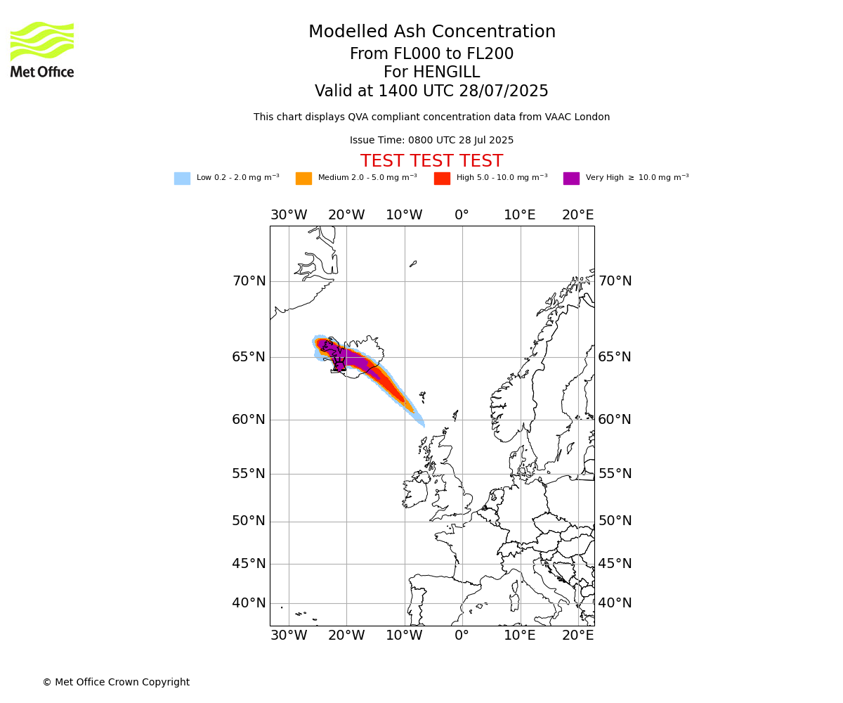 Modelled ash concentration from 000 to 200 for HENGILL. Valid at 1400 UTC 28/07/2025