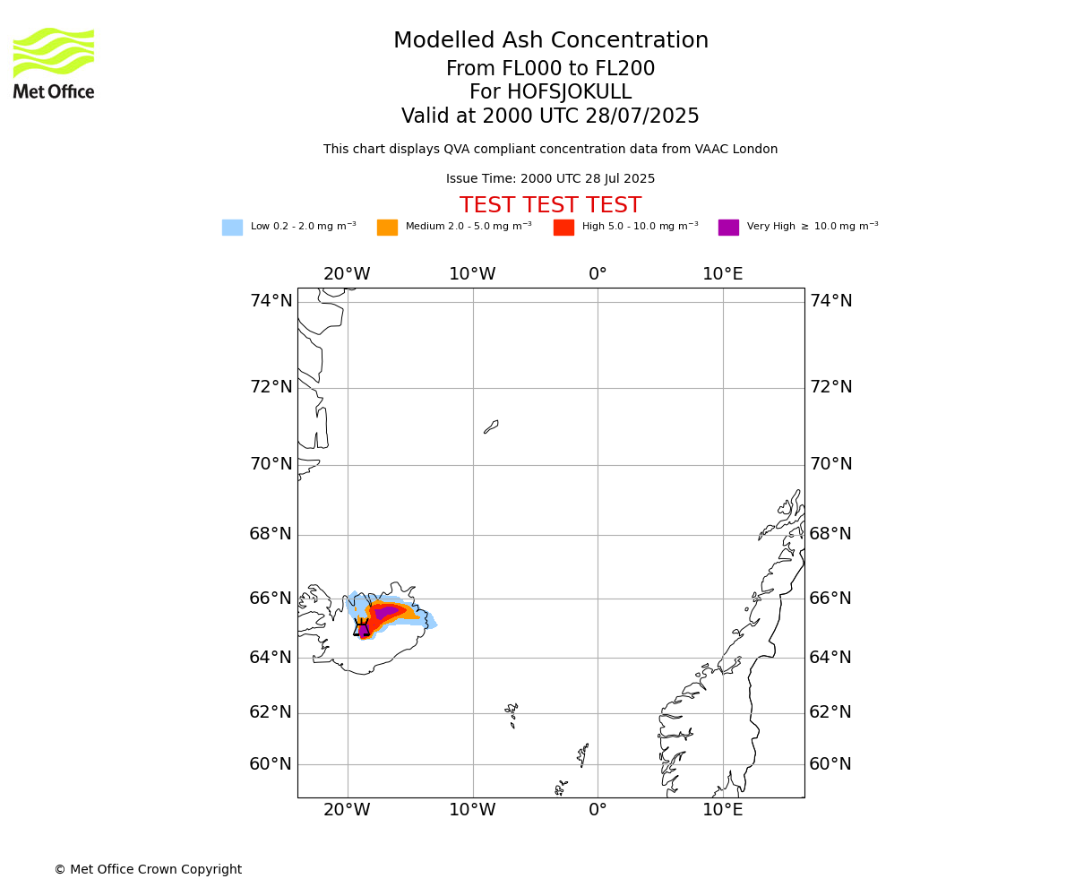 Modelled ash concentration from 000 to 200 for HOFSJOKULL. Valid at 2000 UTC 28/07/2025