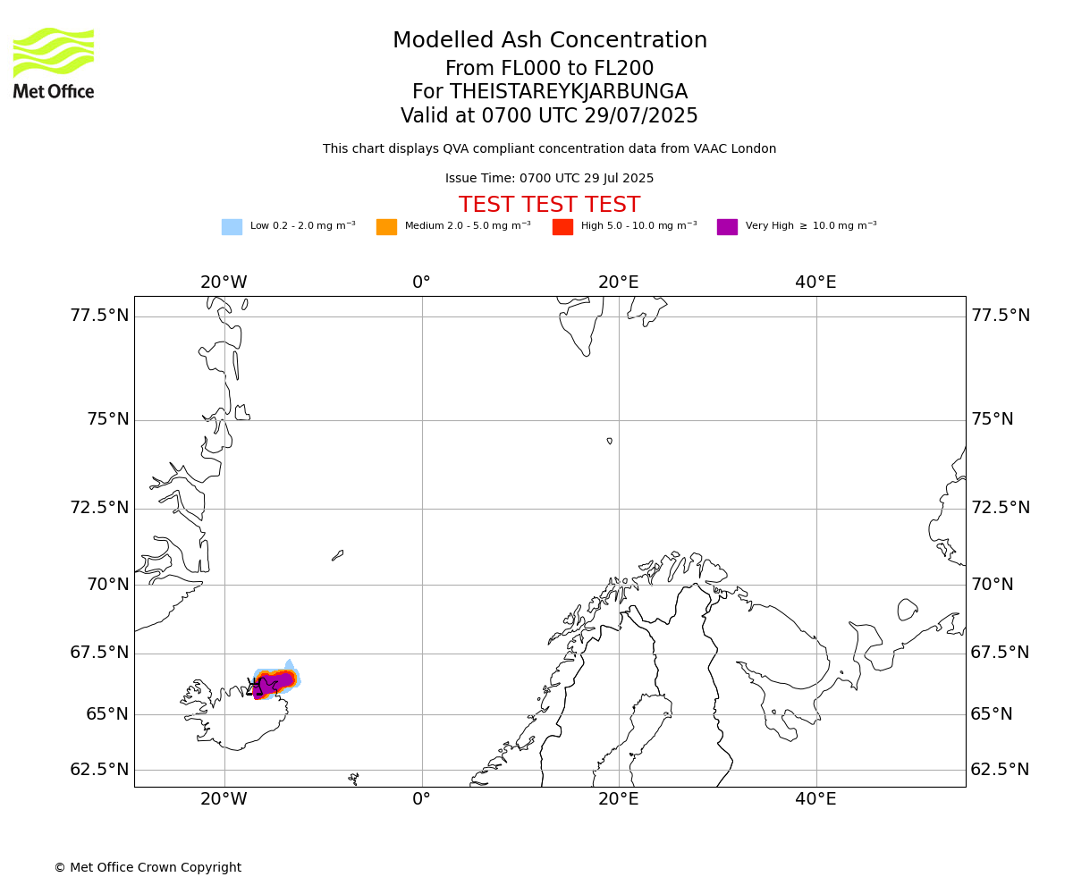Modelled ash concentration from 000 to 200 for THEISTAREYKJARBUNGA. Valid at 0700 UTC 29/07/2025