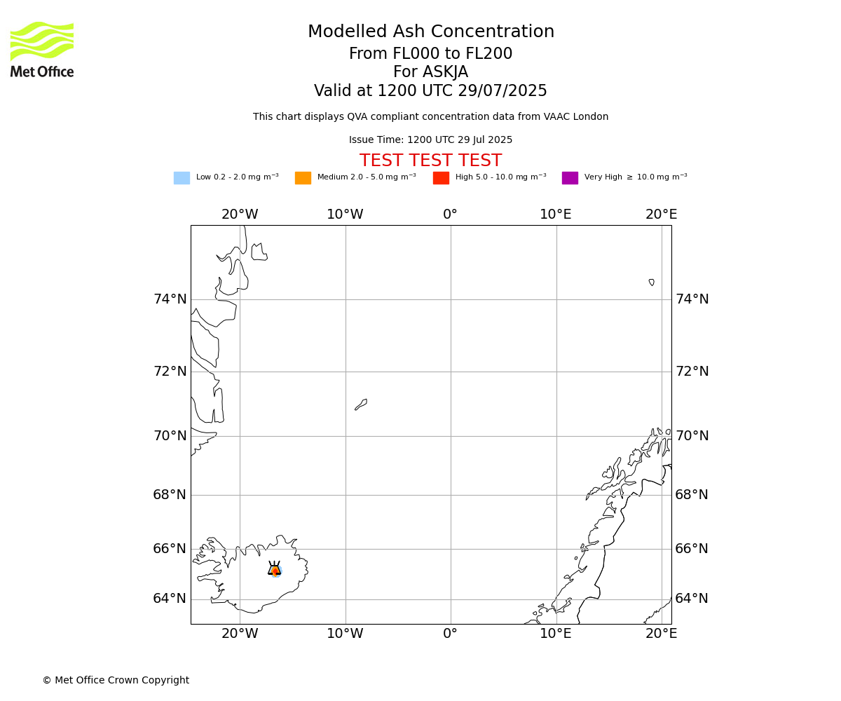 Modelled ash concentration from 000 to 200 for ASKJA. Valid at 1200 UTC 29/07/2025