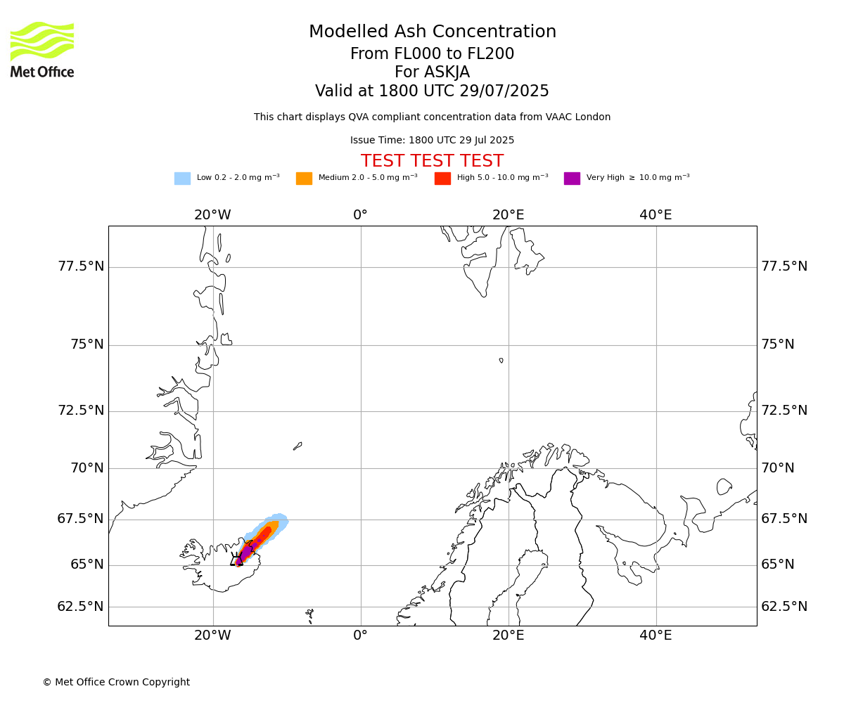 Modelled ash concentration from 000 to 200 for ASKJA. Valid at 1800 UTC 29/07/2025