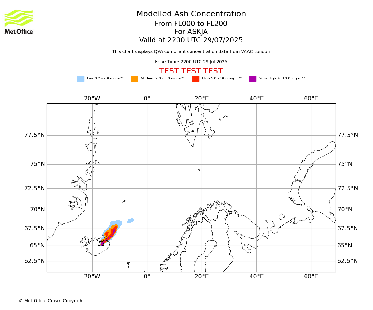 Modelled ash concentration from 000 to 200 for ASKJA. Valid at 2200 UTC 29/07/2025