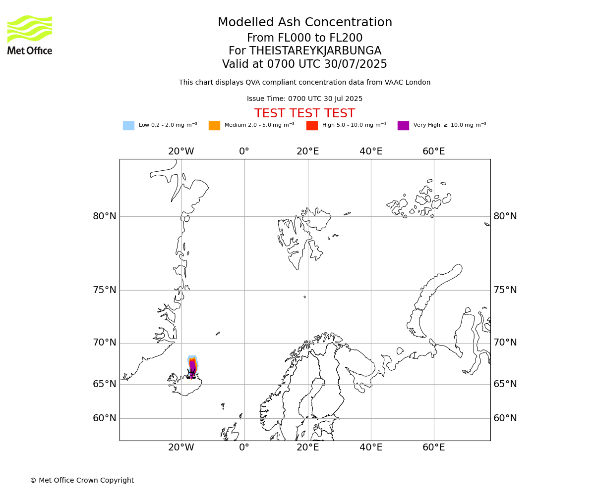Modelled ash concentration from 000 to 200 for THEISTAREYKJARBUNGA. Valid at 0700 UTC 30/07/2025