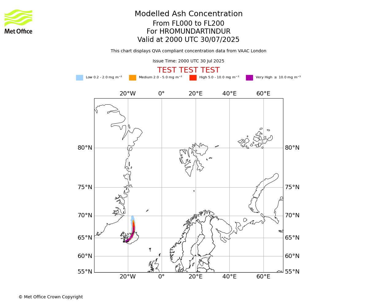 Modelled ash concentration from 000 to 200 for HROMUNDARTINDUR. Valid at 2000 UTC 30/07/2025