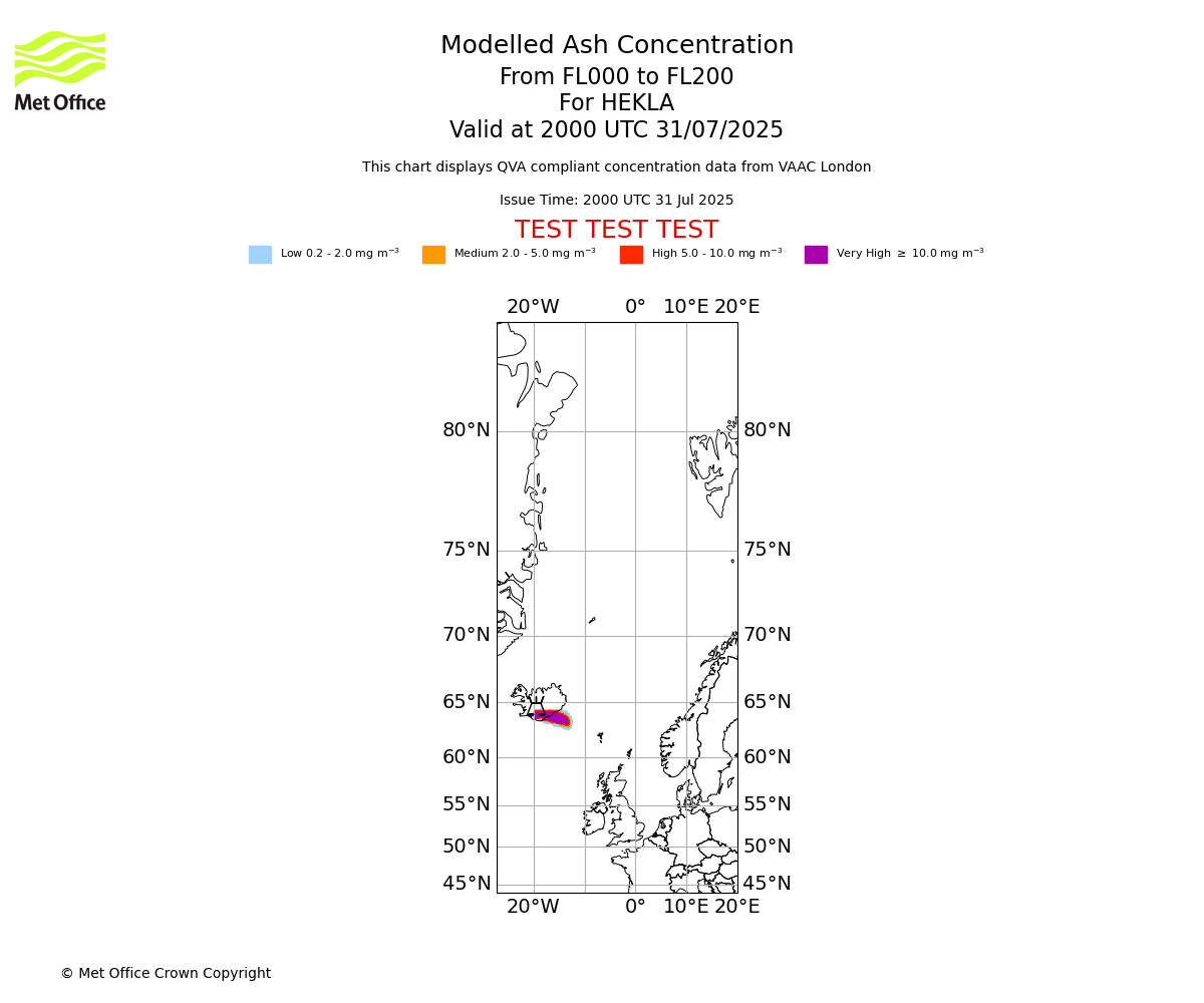 Modelled ash concentration from 000 to 200 for HEKLA. Valid at 2000 UTC 31/07/2025