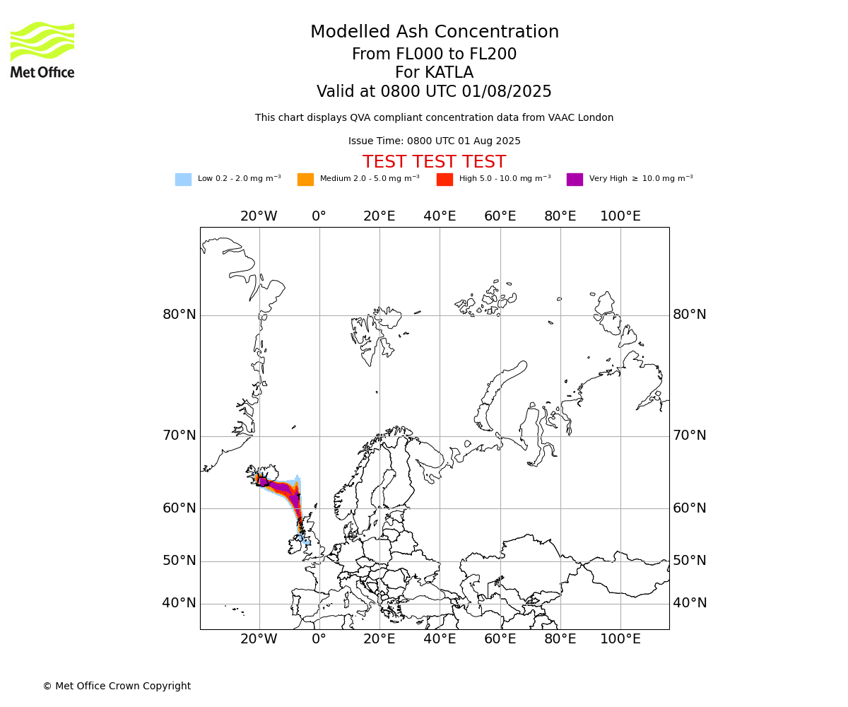 Modelled ash concentration from 000 to 200 for KATLA. Valid at 0800 UTC 01/08/2025