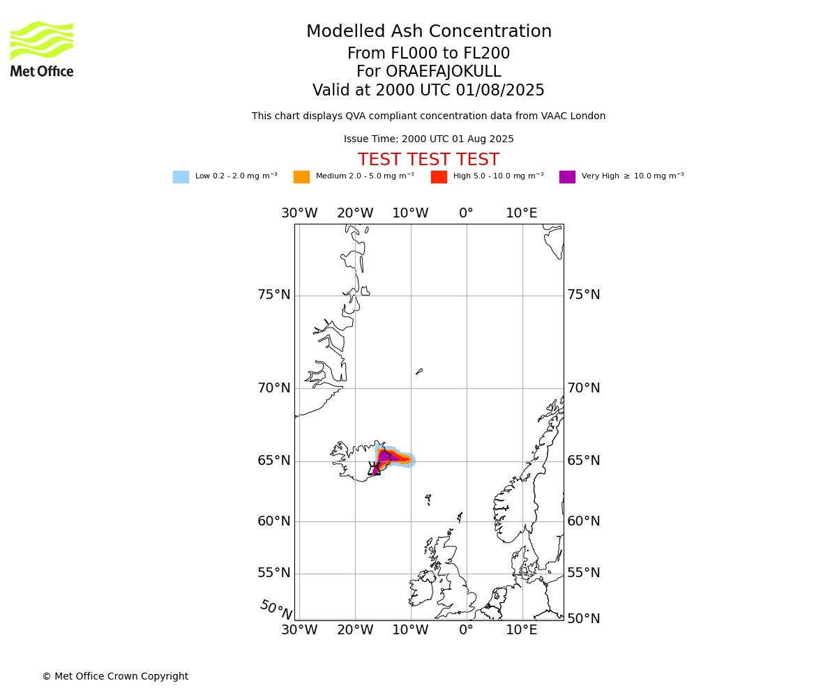 Modelled ash concentration from 000 to 200 for ORAEFAJOKULL. Valid at 2000 UTC 01/08/2025