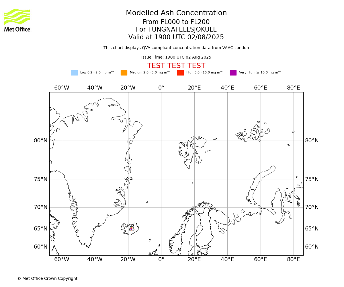 Modelled ash concentration from 000 to 200 for TUNGNAFELLSJOKULL. Valid at 1900 UTC 02/08/2025