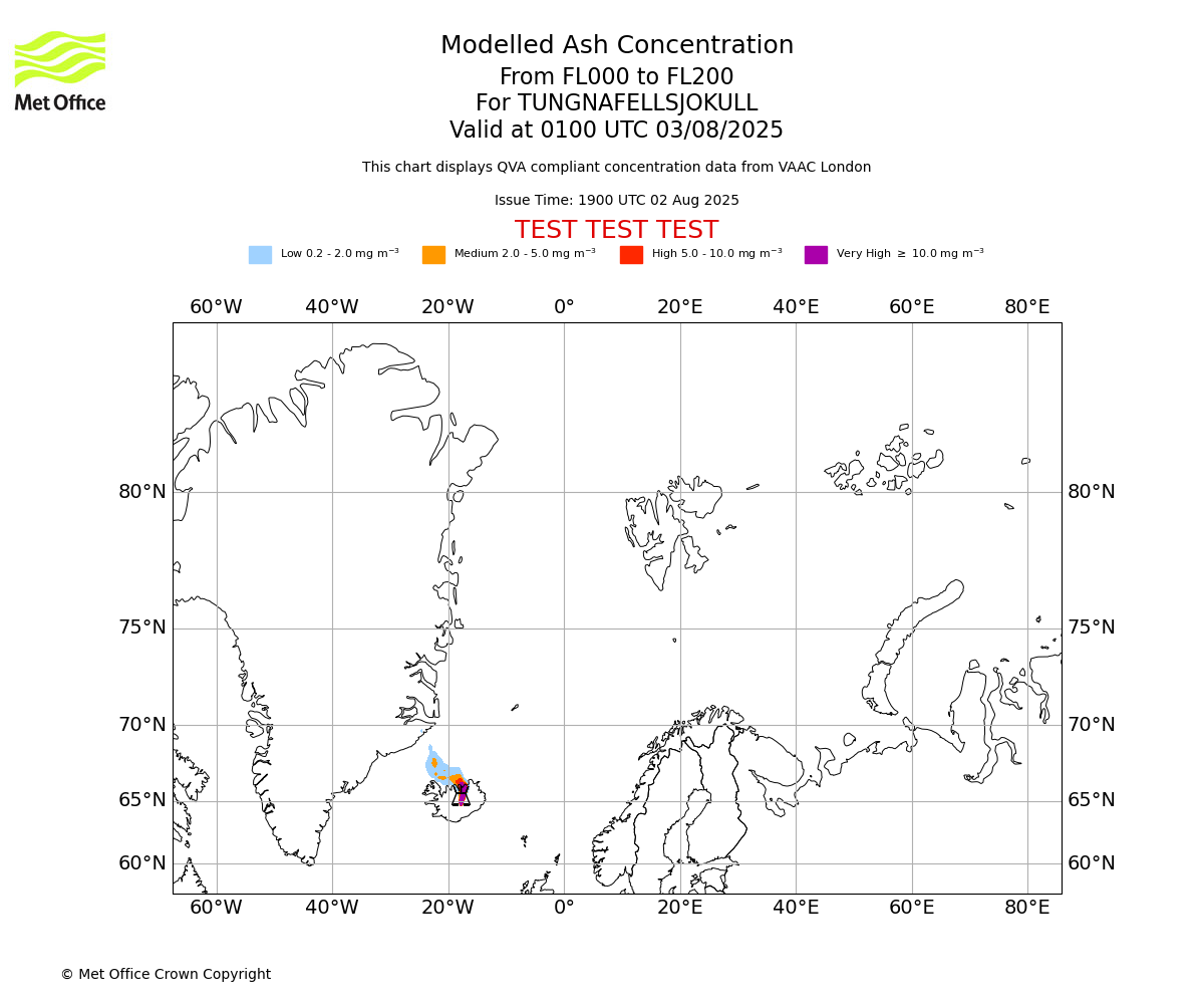 Modelled ash concentration from 000 to 200 for TUNGNAFELLSJOKULL. Valid at 0100 UTC 03/08/2025