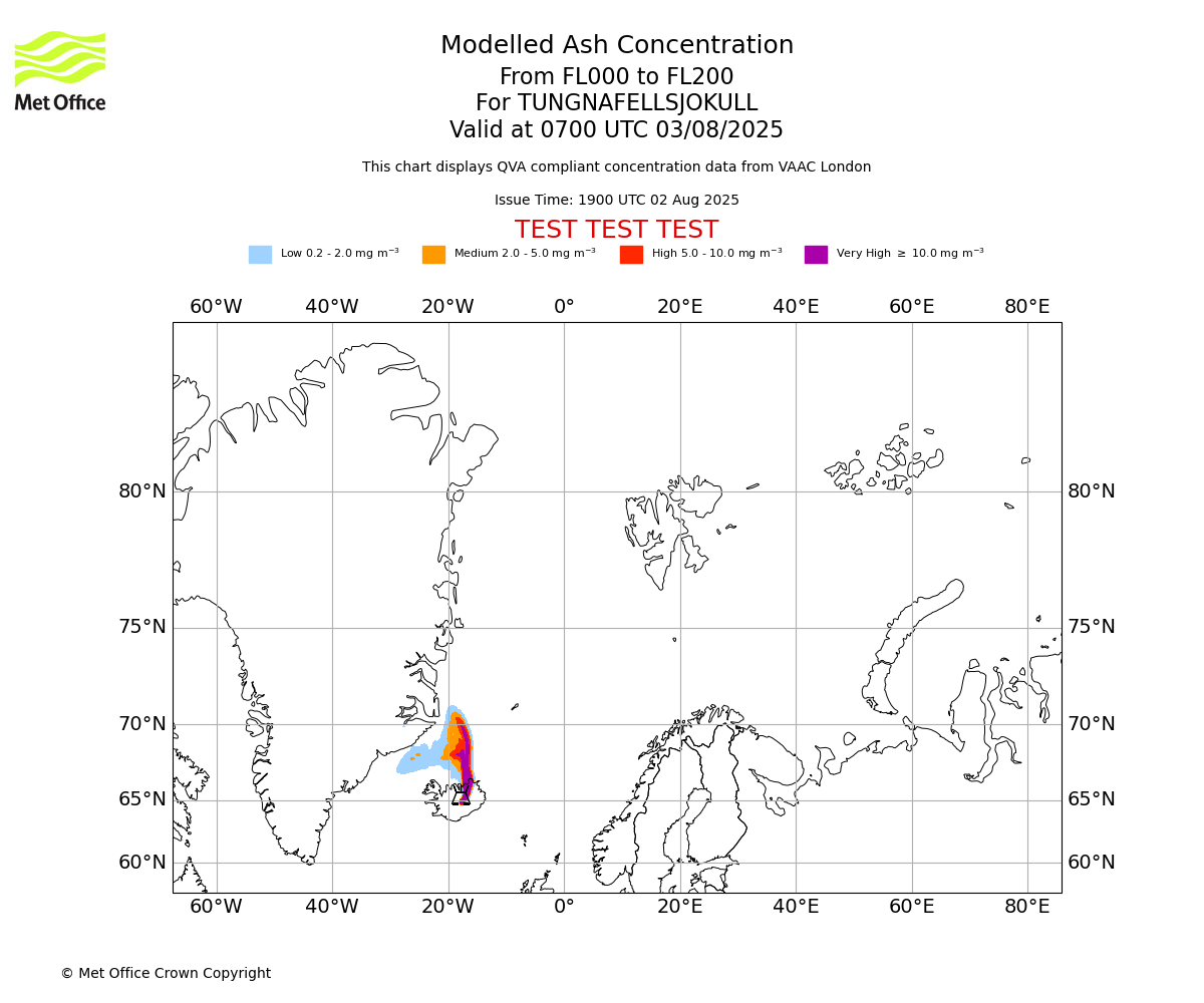 Modelled ash concentration from 000 to 200 for TUNGNAFELLSJOKULL. Valid at 0700 UTC 03/08/2025