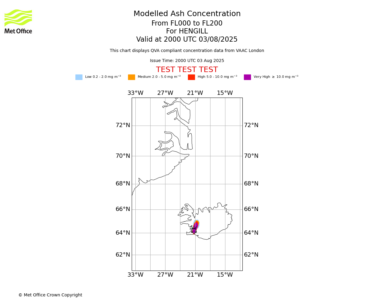 Modelled ash concentration from 000 to 200 for HENGILL. Valid at 2000 UTC 03/08/2025
