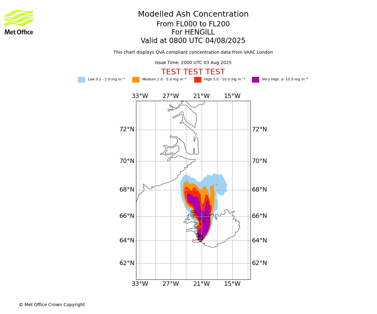 Modelled ash concentration from 000 to 200 for HENGILL. Valid at 0800 UTC 04/08/2025