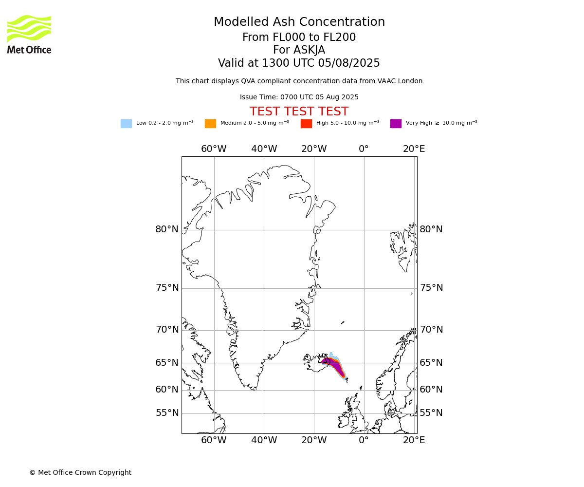 Modelled ash concentration from 000 to 200 for ASKJA. Valid at 1300 UTC 05/08/2025