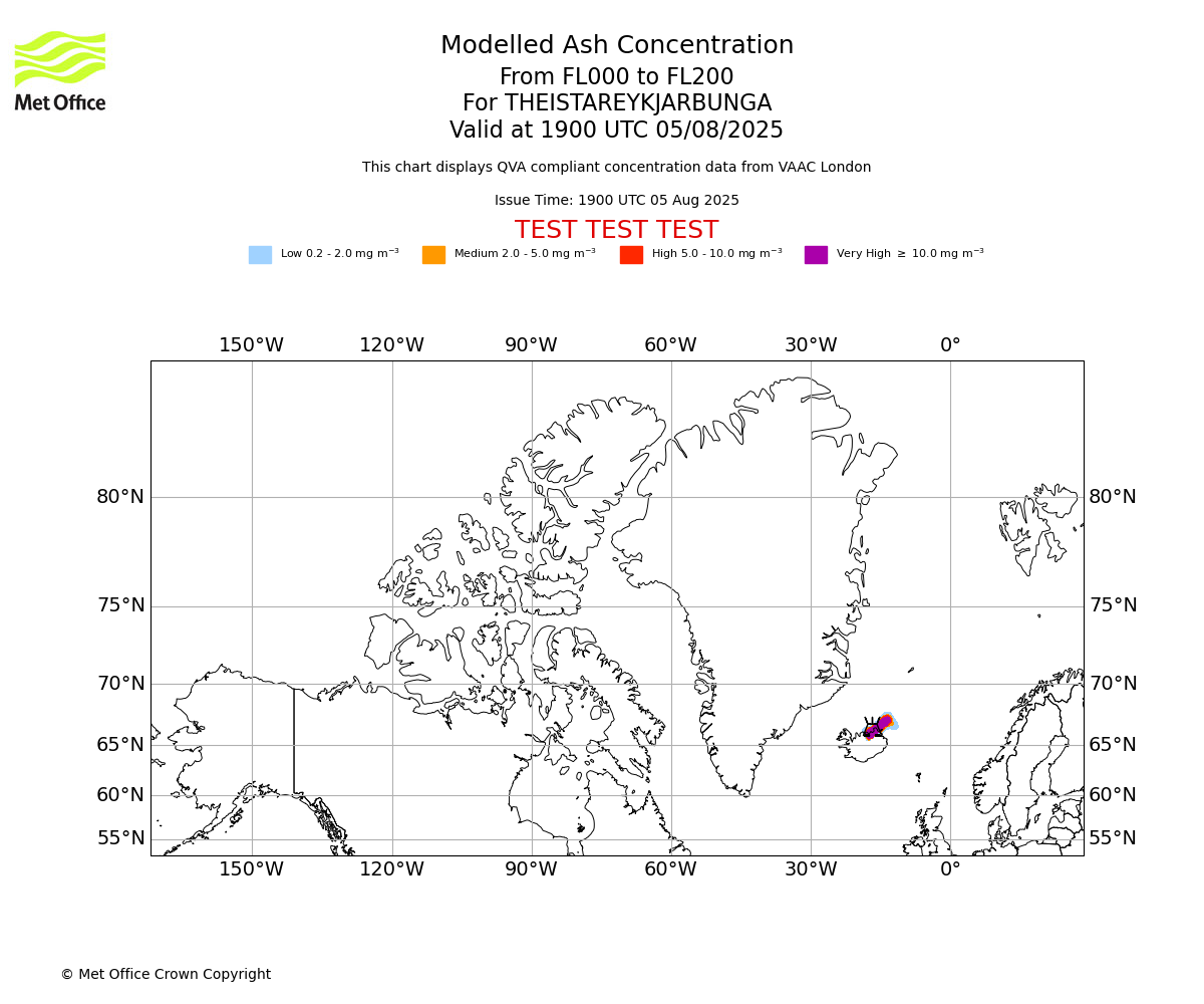 Modelled ash concentration from 000 to 200 for THEISTAREYKJARBUNGA. Valid at 1900 UTC 05/08/2025