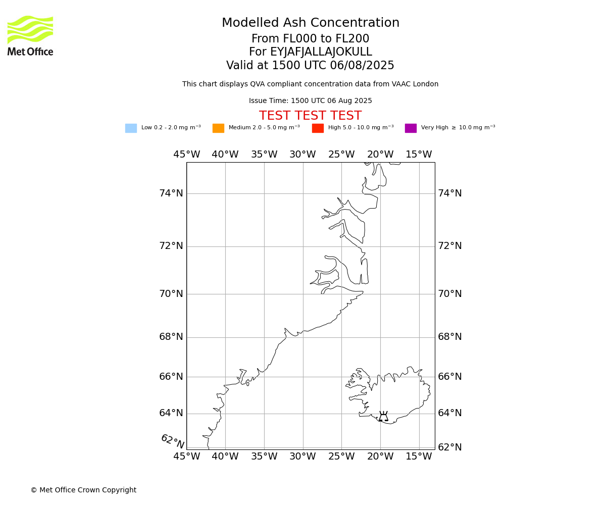 Modelled ash concentration from 000 to 200 for EYJAFJALLAJOKULL. Valid at 1500 UTC 06/08/2025