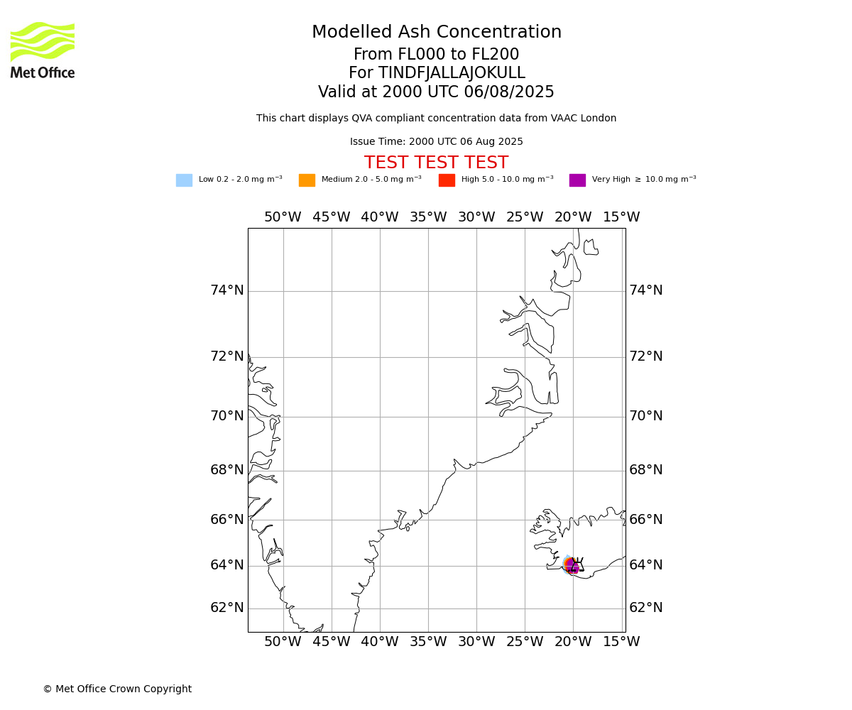 Modelled ash concentration from 000 to 200 for TINDFJALLAJOKULL. Valid at 2000 UTC 06/08/2025