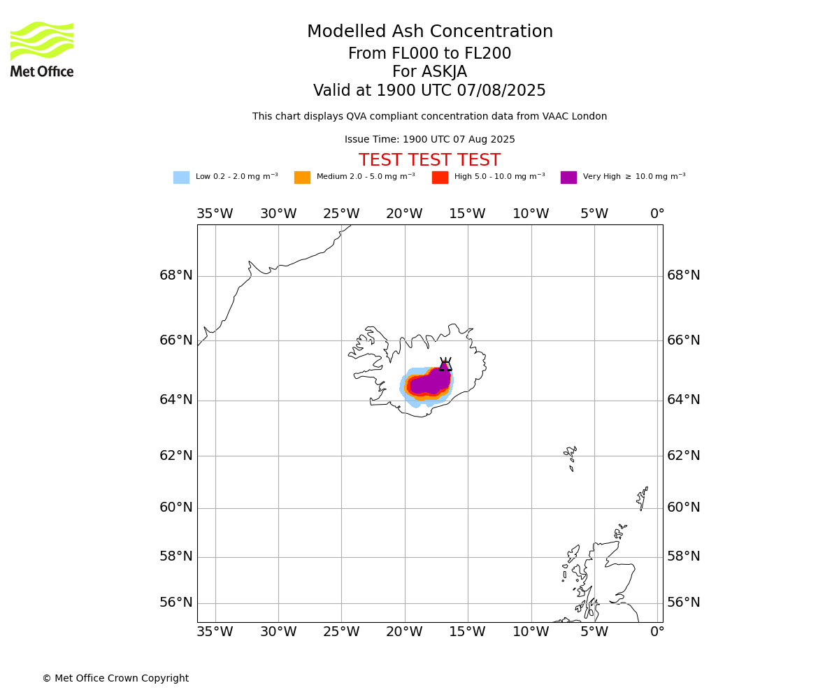 Modelled ash concentration from 000 to 200 for ASKJA. Valid at 1900 UTC 07/08/2025