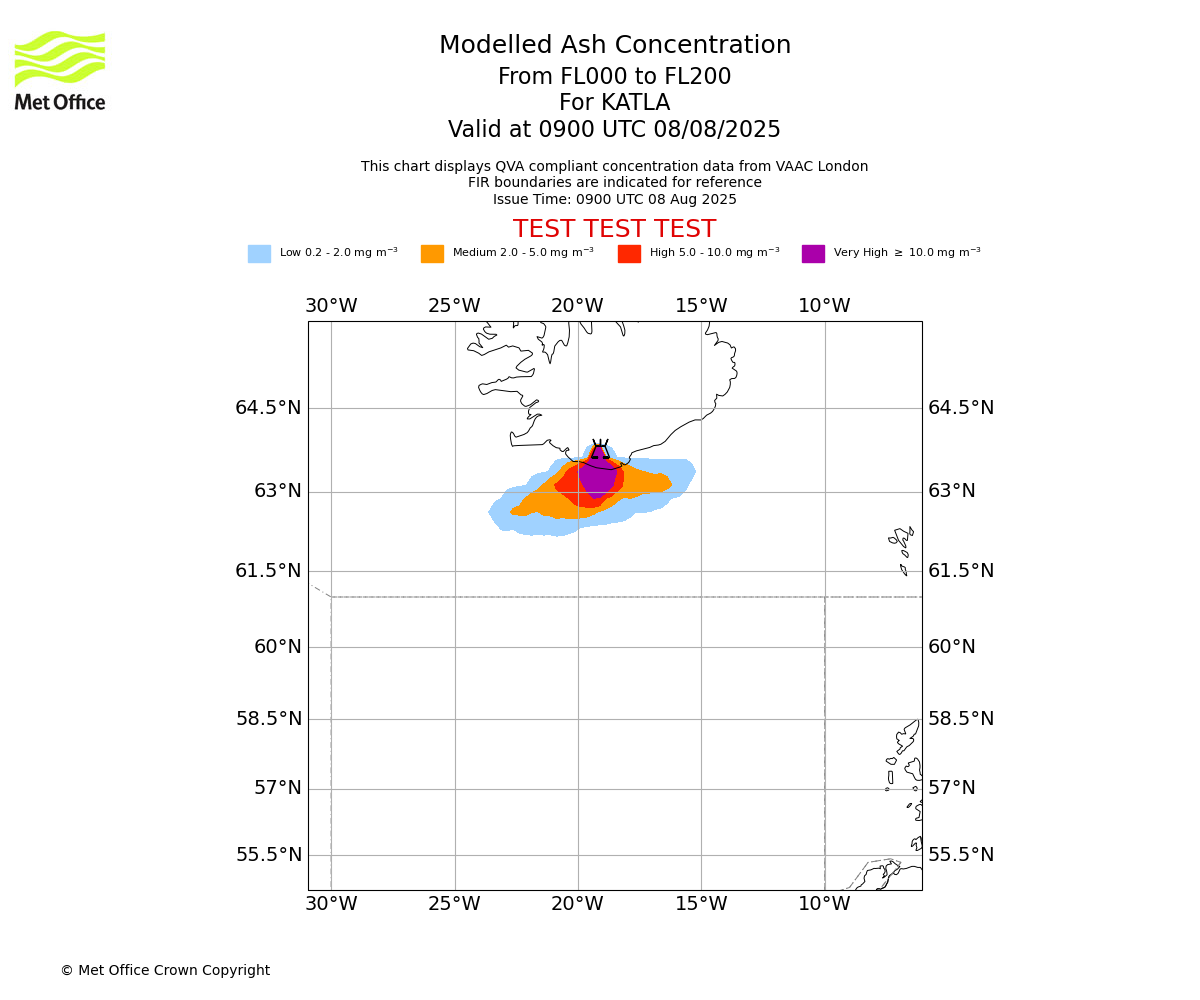 Modelled ash concentration from 000 to 200 for KATLA. Valid at 0900 UTC 08/08/2025