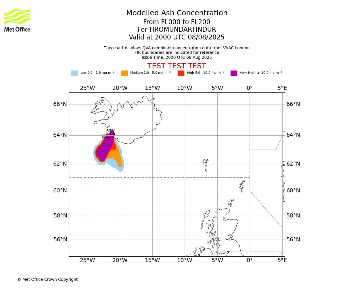 Modelled ash concentration from 000 to 200 for HROMUNDARTINDUR. Valid at 2000 UTC 08/08/2025