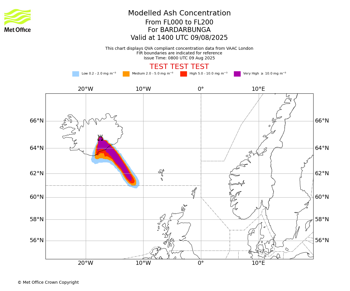 Modelled ash concentration from 000 to 200 for BARDARBUNGA. Valid at 1400 UTC 09/08/2025