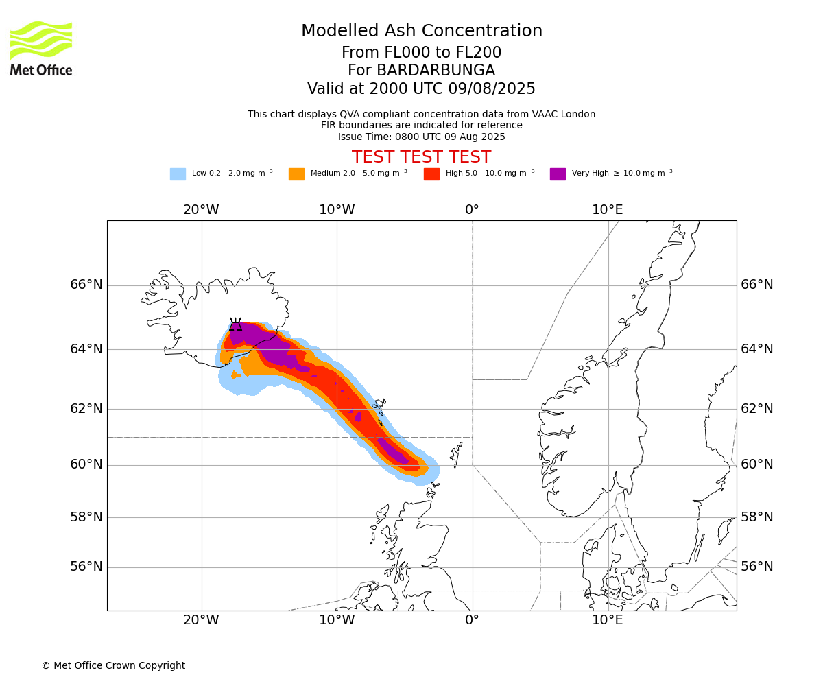 Modelled ash concentration from 000 to 200 for BARDARBUNGA. Valid at 2000 UTC 09/08/2025