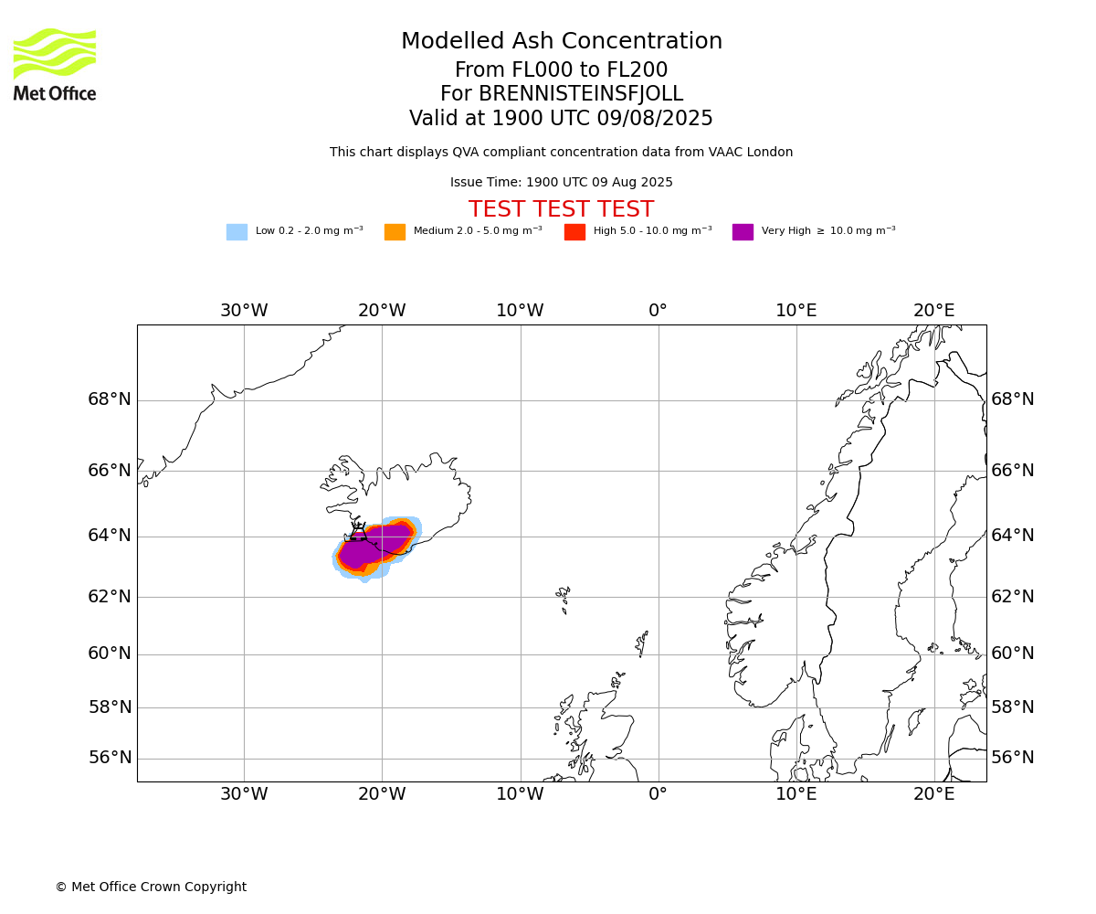 Modelled ash concentration from 000 to 200 for BRENNISTEINSFJOLL. Valid at 1900 UTC 09/08/2025