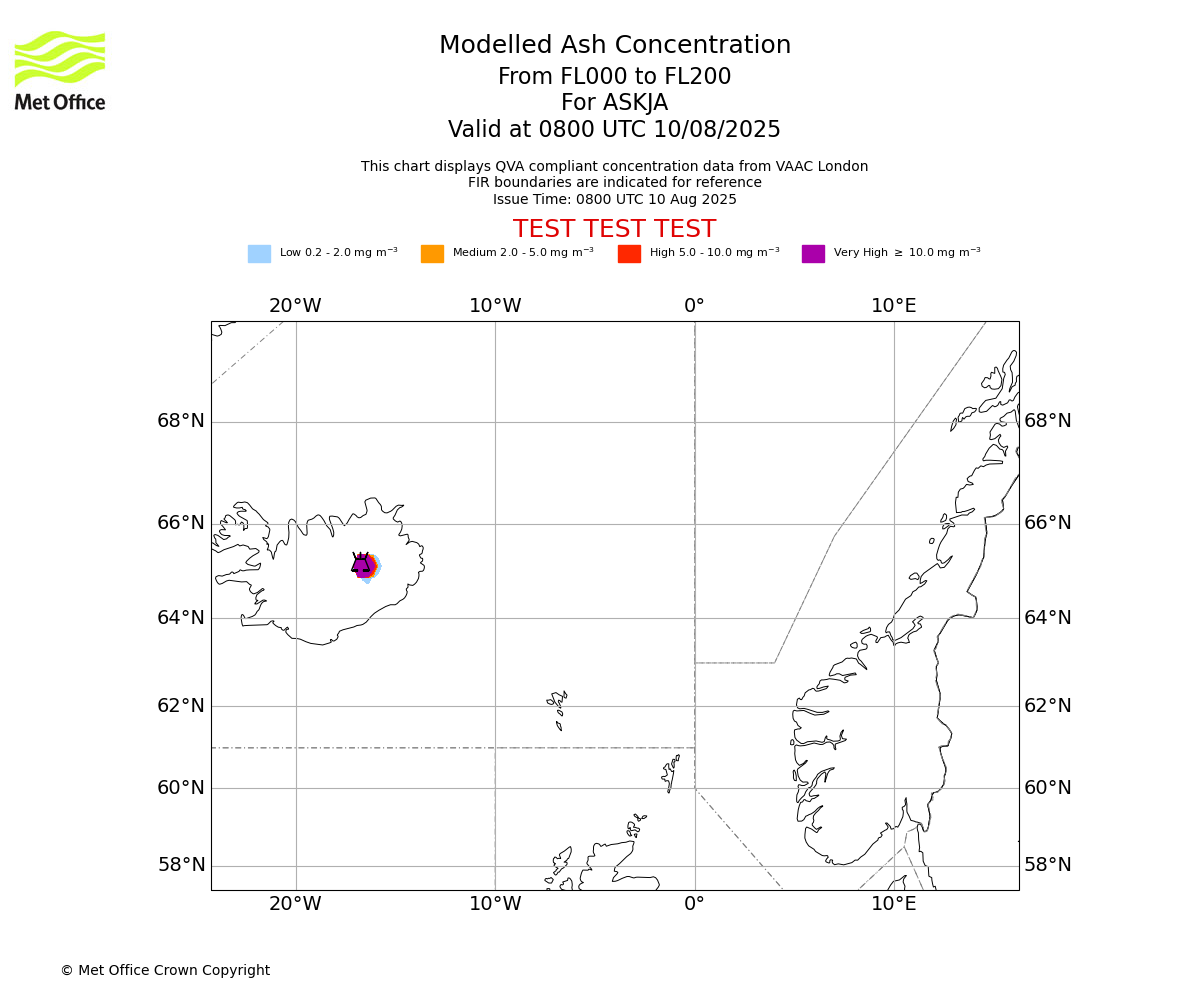 Modelled ash concentration from 000 to 200 for ASKJA. Valid at 0800 UTC 10/08/2025