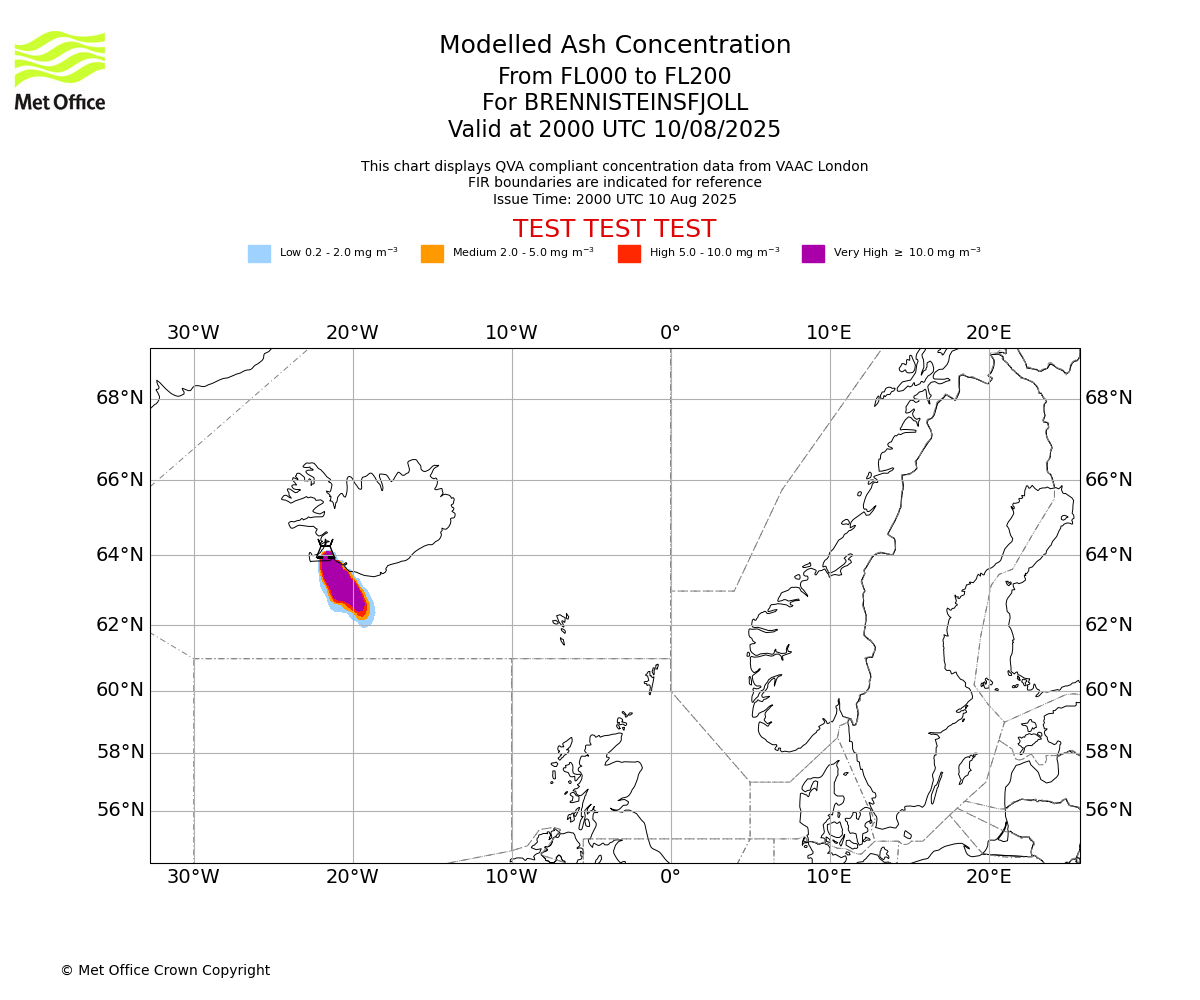 Modelled ash concentration from 000 to 200 for BRENNISTEINSFJOLL. Valid at 2000 UTC 10/08/2025
