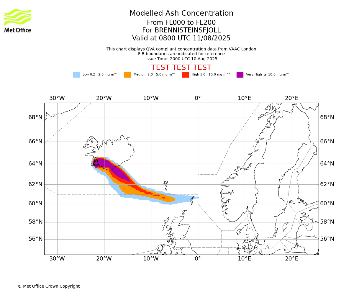 Modelled ash concentration from 000 to 200 for BRENNISTEINSFJOLL. Valid at 0800 UTC 11/08/2025